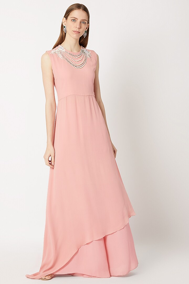 Old Rose Pink Embroidered Kurta With Flared Pants by Dilnaz Karbhary at Pernia's Pop Up Shop