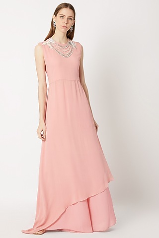 Old Rose Pink Embroidered Kurta With Flared Pants by Dilnaz Karbhary