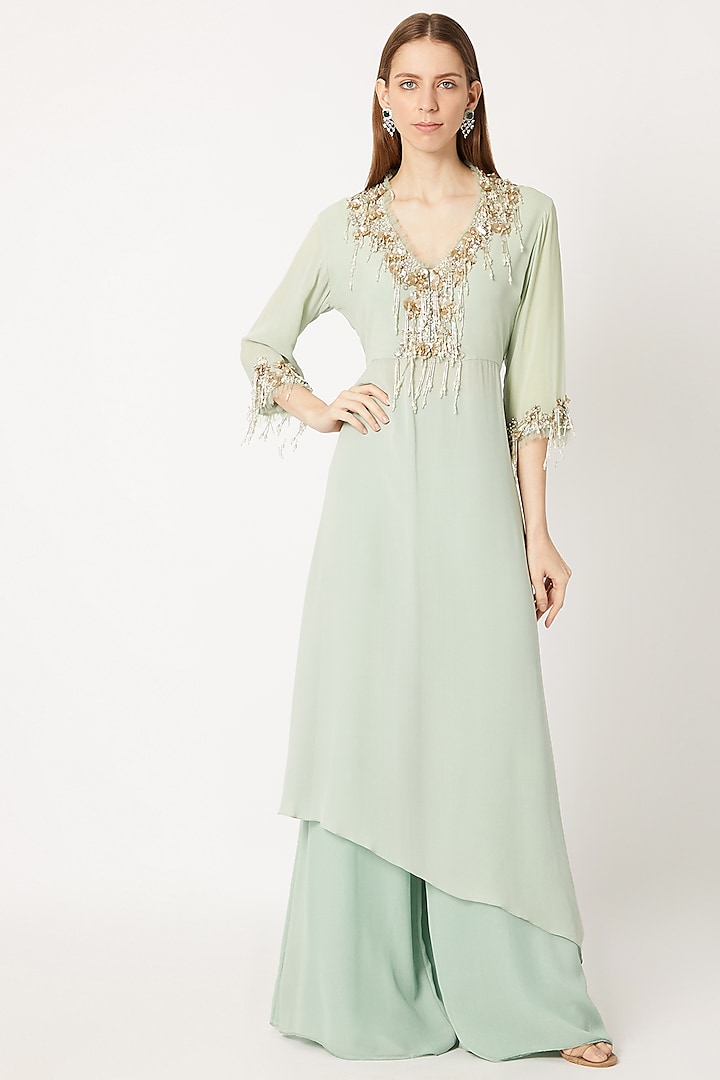 Jade Green Embroidered Kurta With Flared Pants by Dilnaz Karbhary