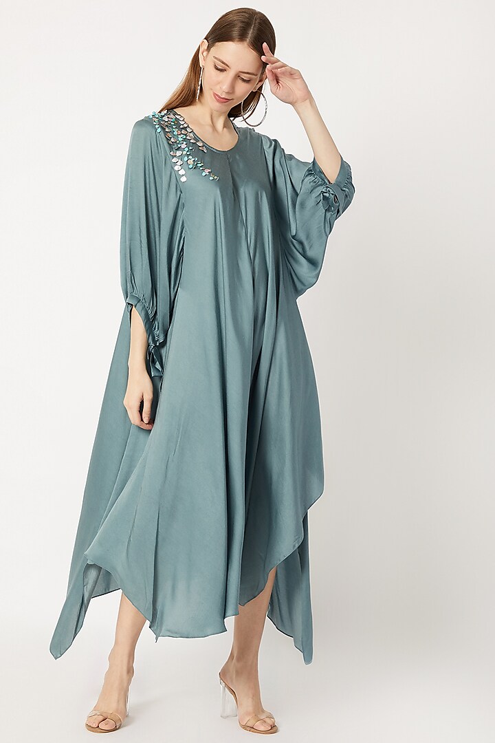 Slate Grey Poof Sleeved & Embroidered Tunic by Dilnaz Karbhary