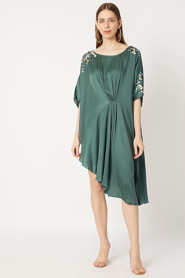 Bottle Green Embroidered & Cinched Tunic by Dilnaz Karbhary