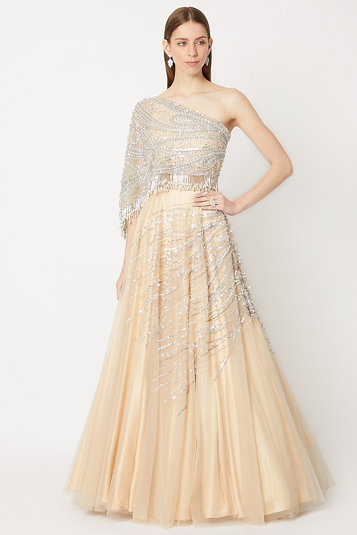 Nude Embroidered Lehenga Skirt With Draped Blouse by Dilnaz Karbhary