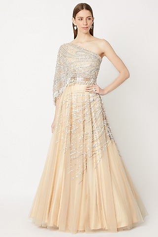 Nude Embroidered Lehenga Skirt With Draped Blouse by Dilnaz Karbhary
