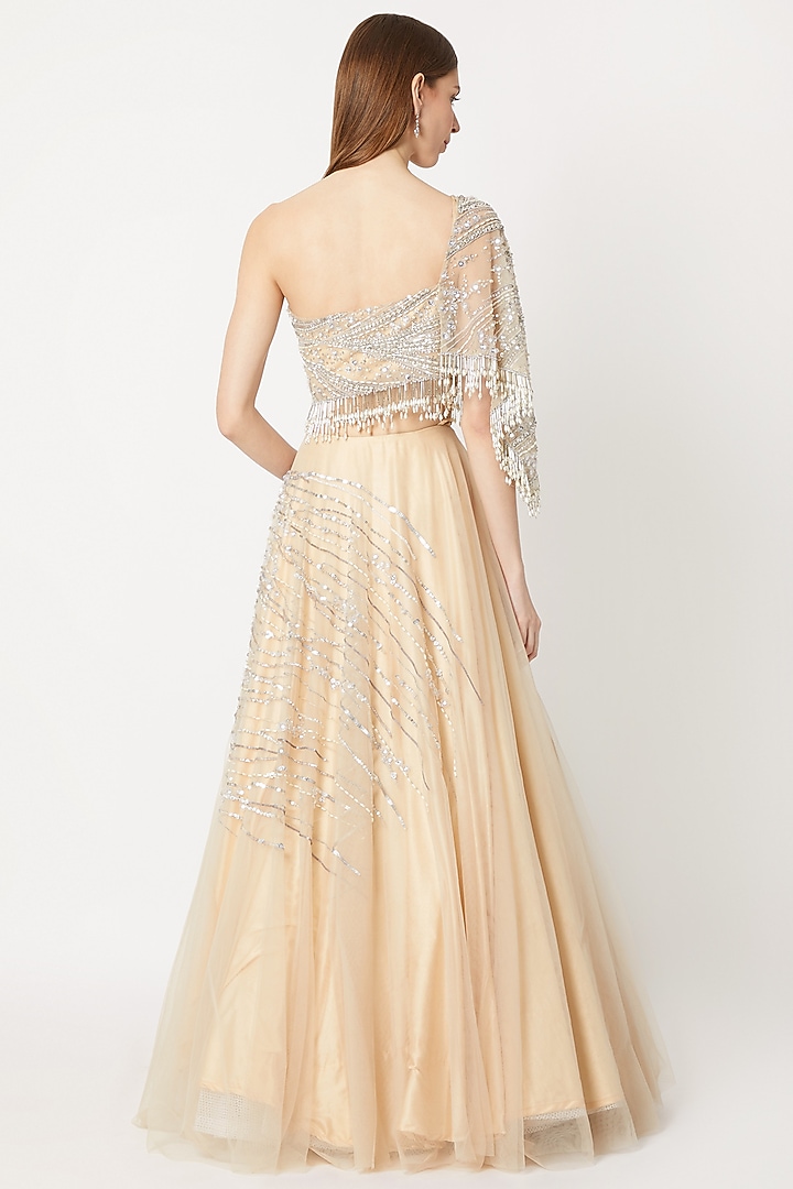 Nude Embroidered Wedding Lehenga Skirt With Draped Blouse by Dilnaz Karbhary at Pernia's Pop Up Shop