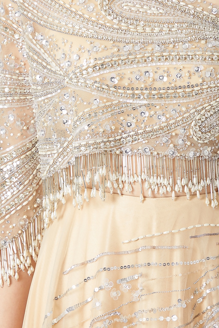 Nude Embroidered Wedding Lehenga Skirt With Draped Blouse by Dilnaz Karbhary at Pernia's Pop Up Shop