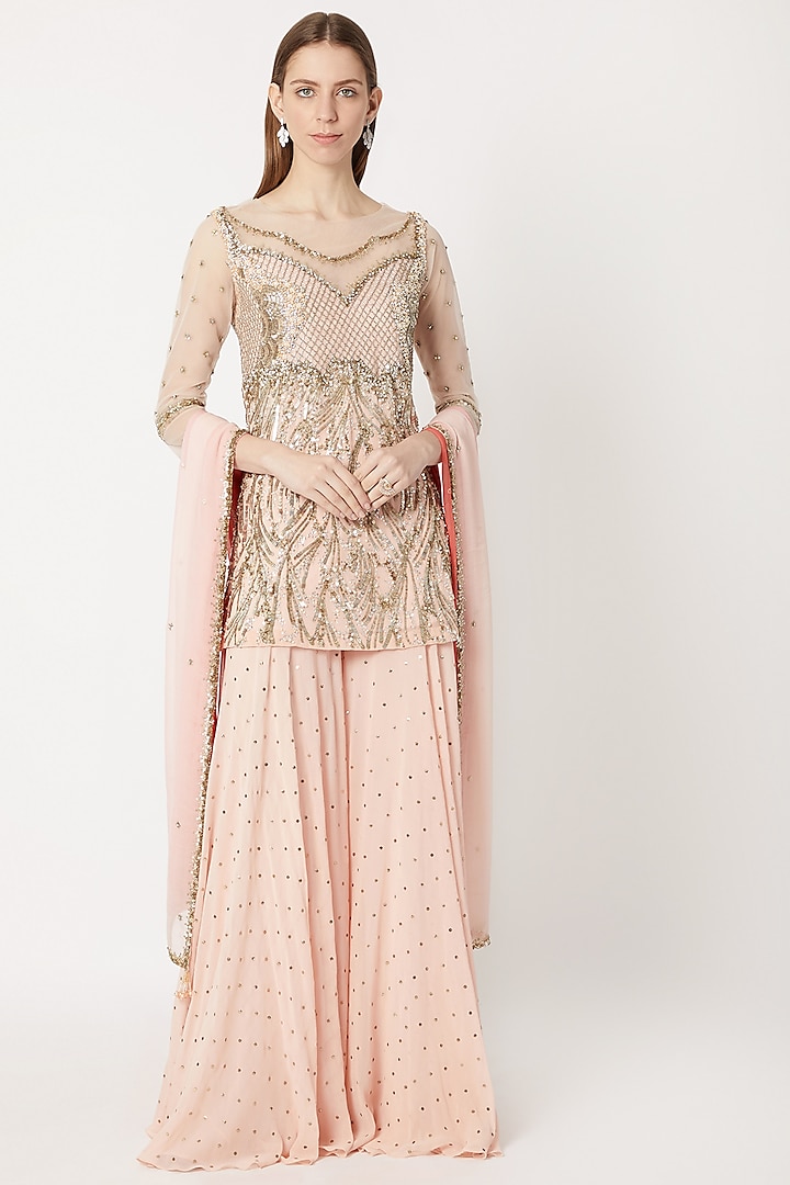 Pale Pink Embroidered Sharara Set by Dilnaz Karbhary