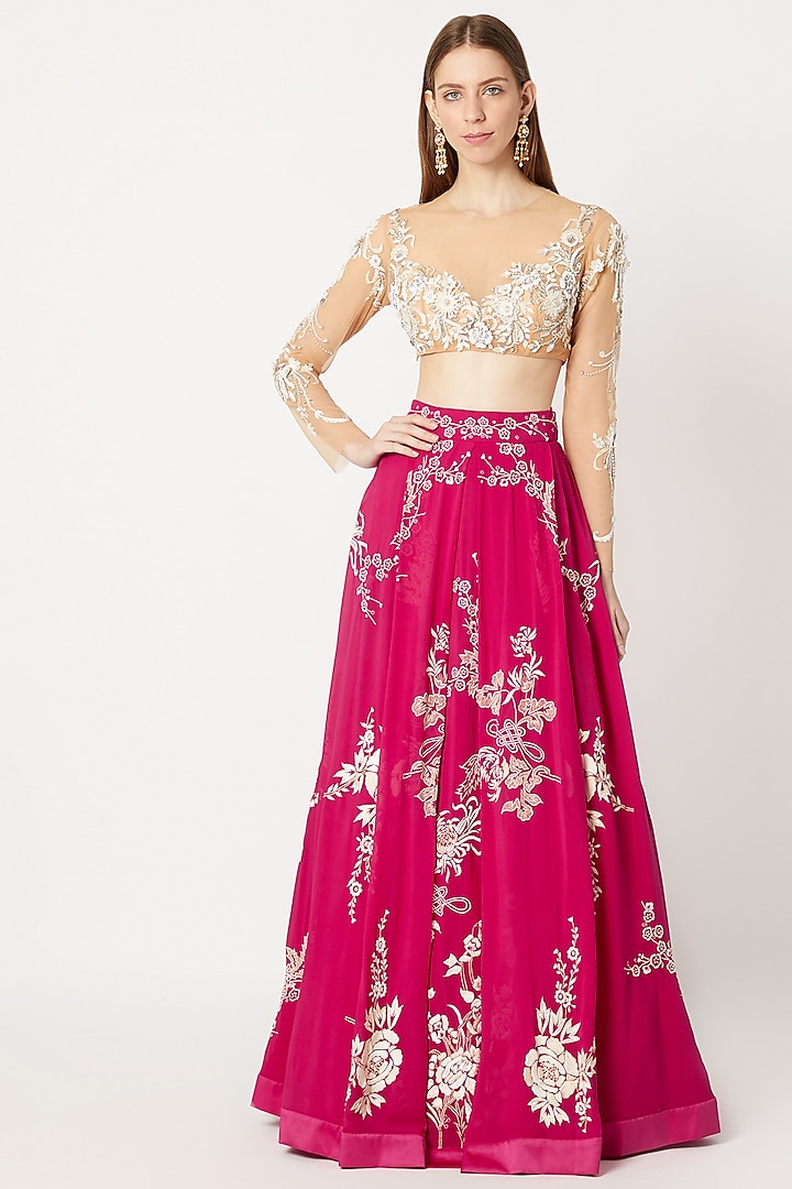 Fuchsia Pink Embroidered Wedding Lehenga Skirt With Embellished Blouse by Dilnaz Karbhary at Pernia's Pop Up Shop