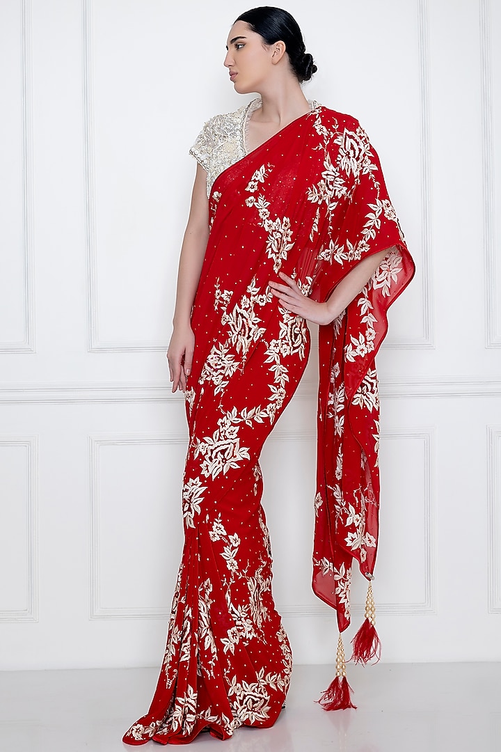 Red Parsi Gara Embroidered Saree by Dilnaz Karbhary
