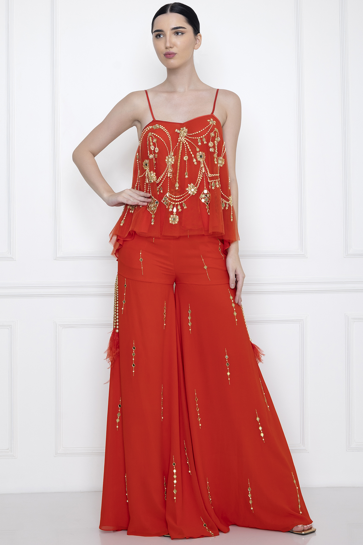 Flame Red Embellished Spaghetti Camisole by Dilnaz Karbhary