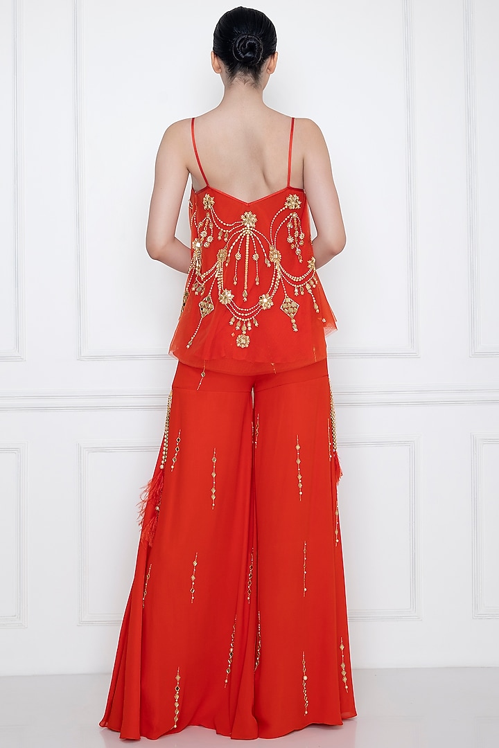 Flame Red Embellished Spaghetti Camisole by Dilnaz Karbhary at Pernia's Pop Up Shop