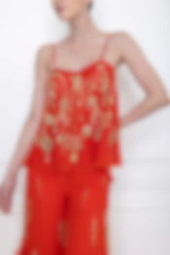 Flame Red Embellished Spaghetti Camisole by Dilnaz Karbhary