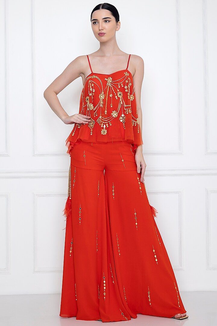 Flame Red Georgette Embellished Sharara Pants by Dilnaz Karbhary at Pernia's Pop Up Shop