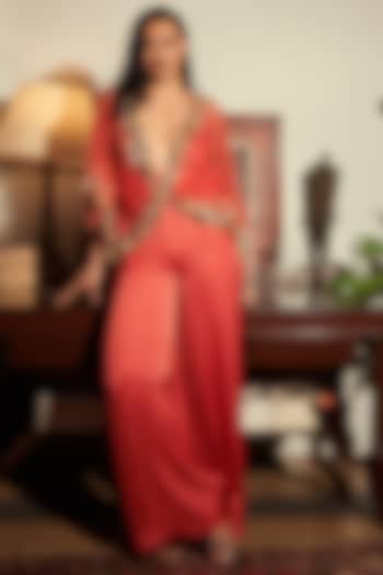 Flame Red Satin Jumpsuit With Kaftan by Dilnaz Karbhary