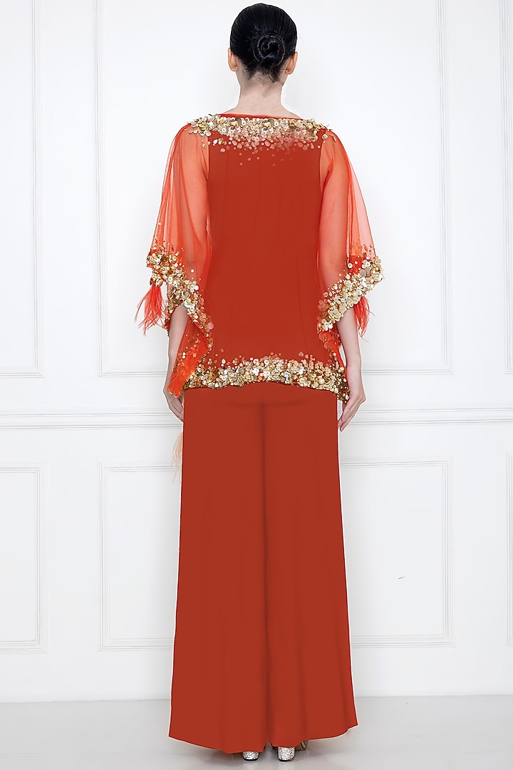 Flame Red Satin Jumpsuit With Kaftan by Dilnaz Karbhary at Pernia's Pop Up Shop