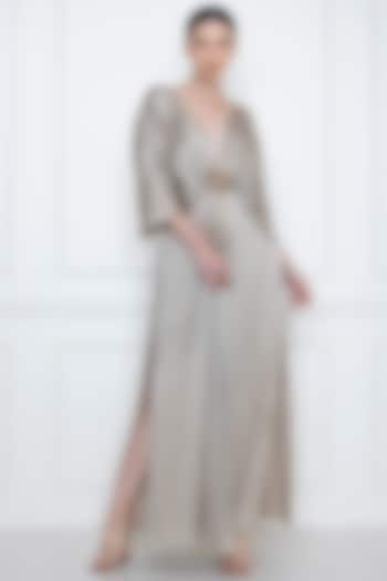 Grey Satin Grecian Draped Gown by Dilnaz Karbhary