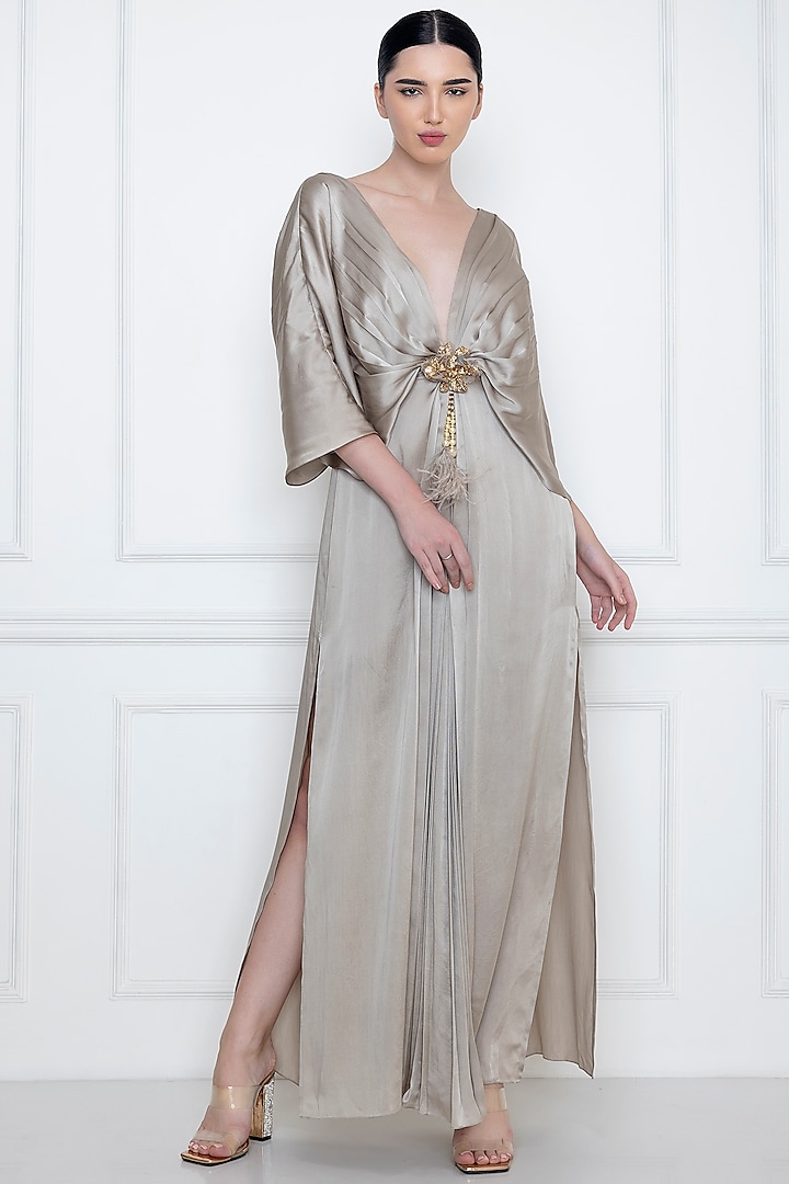 Grey Satin Grecian Draped Gown by Dilnaz Karbhary
