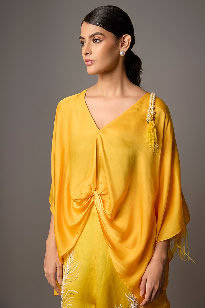 Yellow Blended Satin Kaftan by Dilnaz Karbhary at Pernia's Pop Up Shop