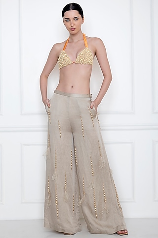 Grey Embellished Flared Pants by Dilnaz Karbhary