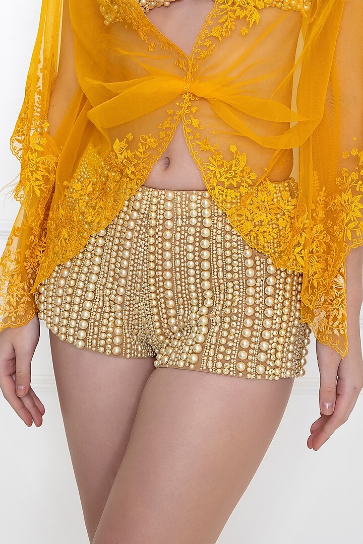 Gold Embellished Shorts by Dilnaz Karbhary