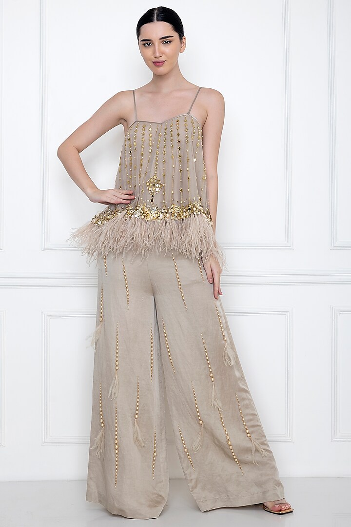 Grey Embellished Camisole by Dilnaz Karbhary