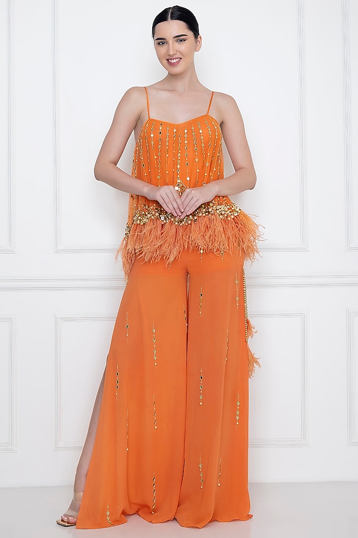 Sunset Orange Embellished Sharara Pants by Dilnaz Karbhary at Pernia's Pop Up Shop