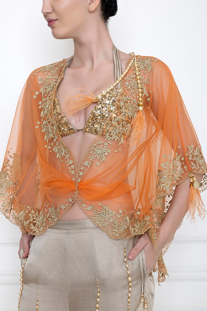 Sunset Orange Embroidered Kaftan Top by Dilnaz Karbhary at Pernia's Pop Up Shop