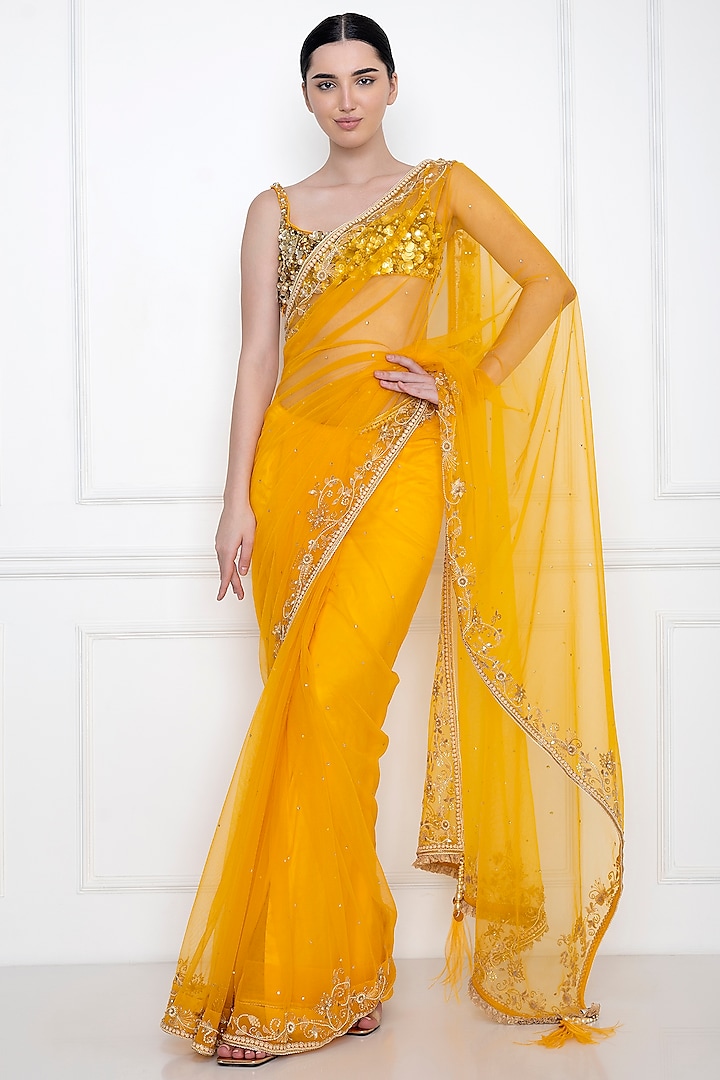 Marigold Embellished Saree by Dilnaz Karbhary
