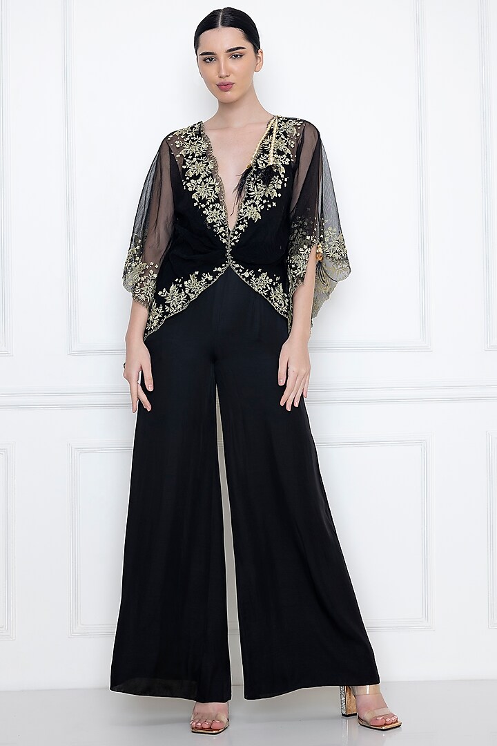 Black Embroidered Jumpsuit With Kaftan Top by Dilnaz Karbhary