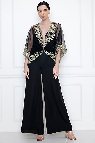 Black Embroidered Jumpsuit With Kaftan Top by Dilnaz Karbhary