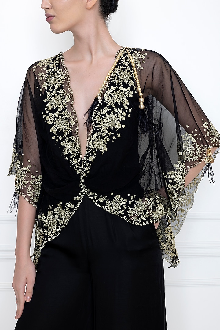 Black Embroidered Jumpsuit With Kaftan Top by Dilnaz Karbhary at Pernia's Pop Up Shop