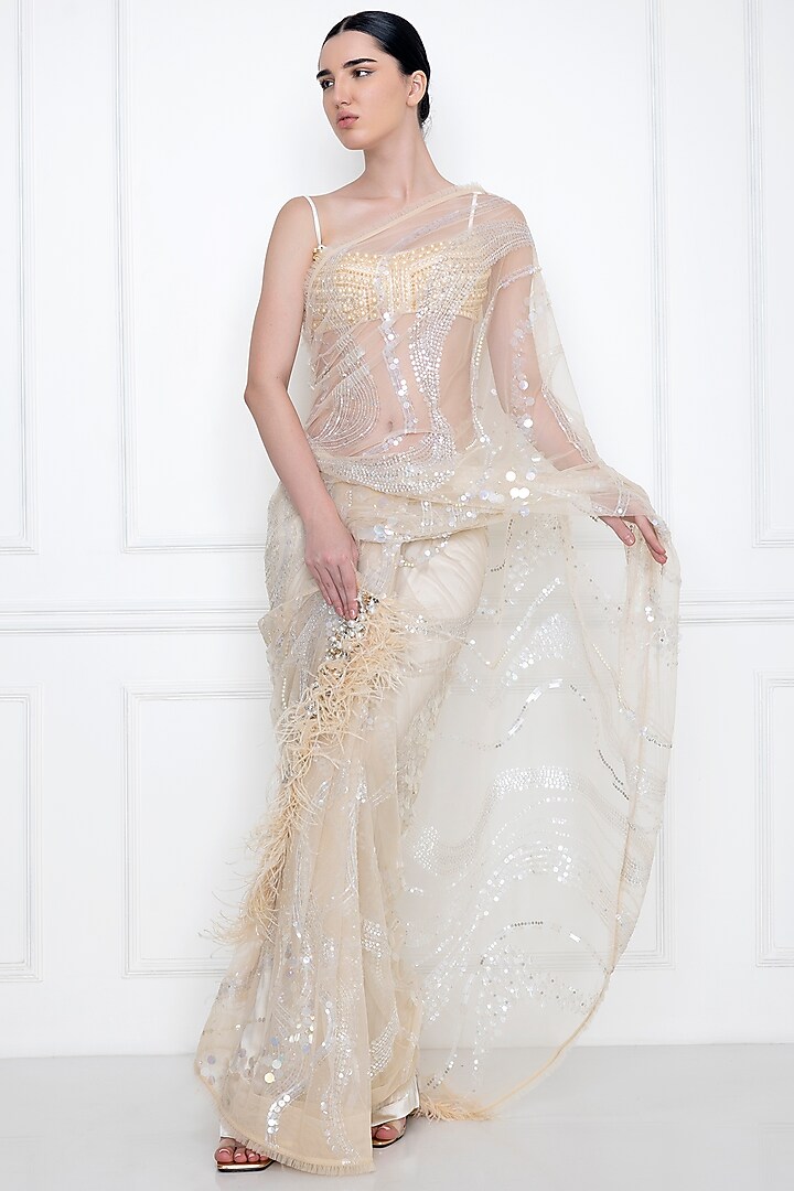 Light Grey Embellished Reception Saree by Dilnaz Karbhary at Pernia's Pop Up Shop