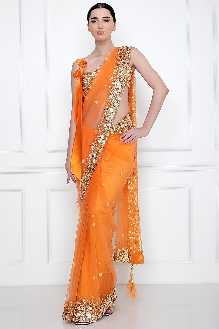 Sunset Orange Embellished Saree by Dilnaz Karbhary