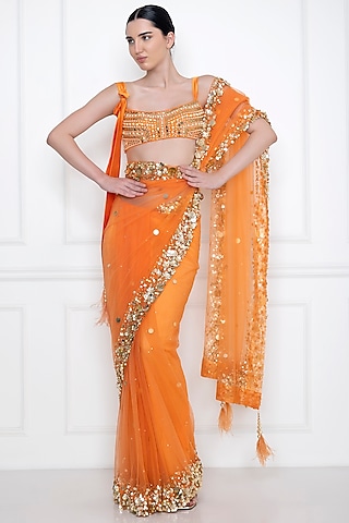 Sunset Orange Embellished Bustier by Dilnaz Karbhary