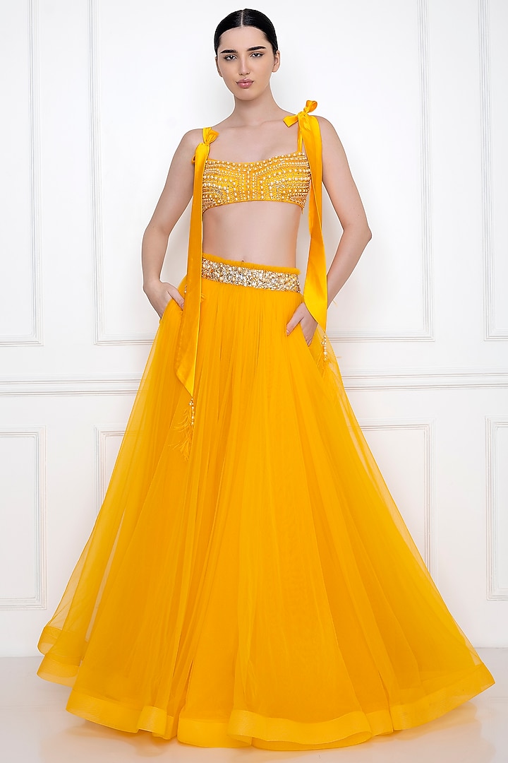Marigold Pearl-Diamond Embellished Bustier by Dilnaz Karbhary at Pernia's Pop Up Shop