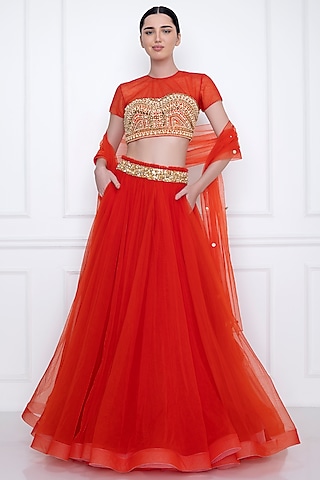 Flame Red Embellished Bustier by Dilnaz Karbhary