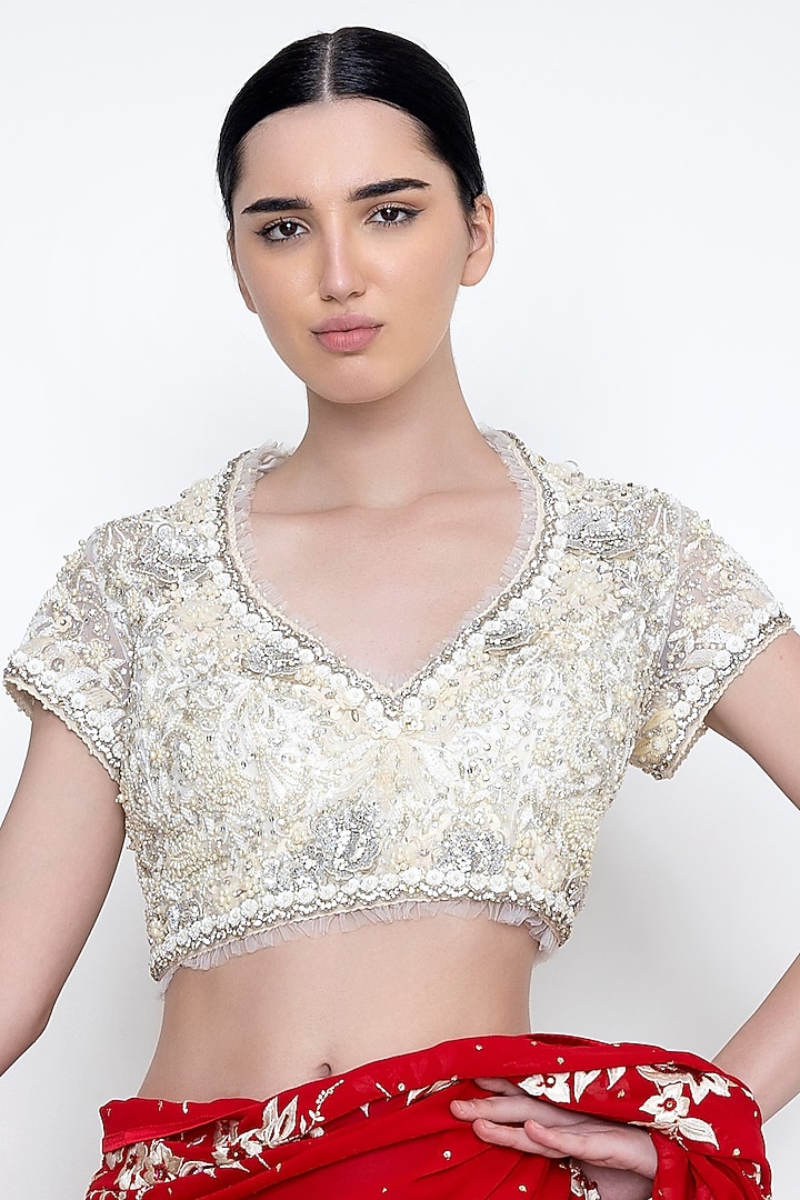 Ivory Embellished Blouse by Dilnaz Karbhary at Pernia's Pop Up Shop