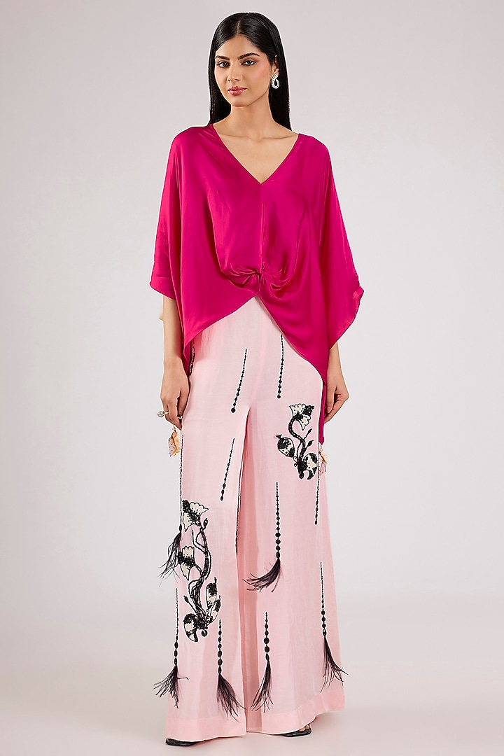 Ruby Pink Blended Satin Draped Kaftan by Dilnaz Karbhary at Pernia's Pop Up Shop