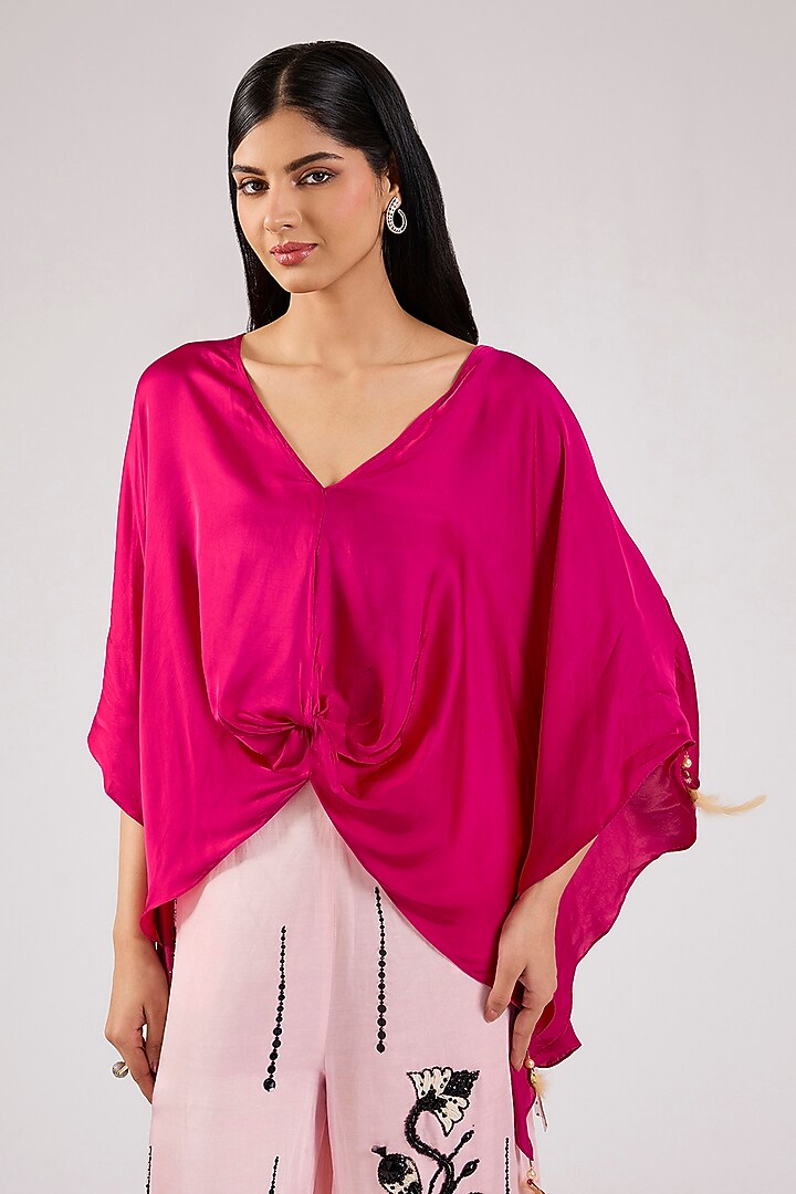 Ruby Pink Blended Satin Draped Kaftan by Dilnaz Karbhary at Pernia's Pop Up Shop