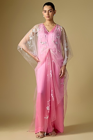 Pink Foil & Lycra Jumpsuit With Shaded Kaftan by Dilnaz Karbhary