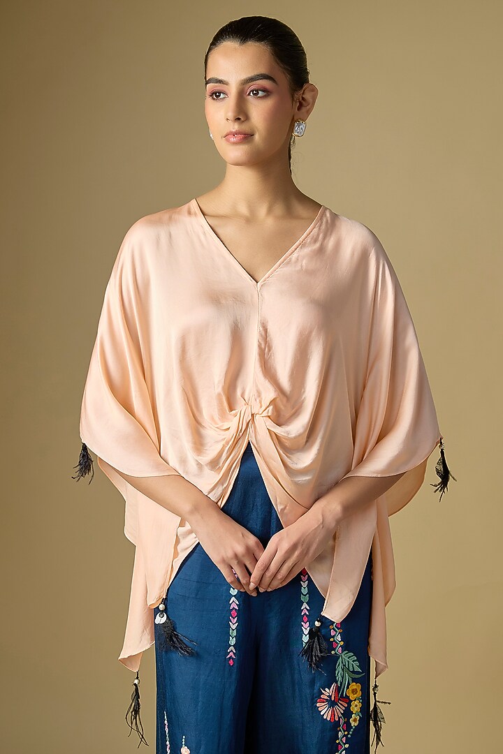 Peach Net Draped Kaftan by Dilnaz Karbhary at Pernia's Pop Up Shop