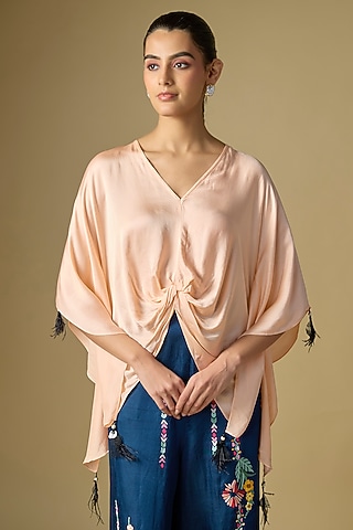 Peach Net Draped Kaftan by Dilnaz Karbhary