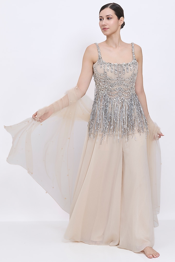 Cream Blended Chiffon Bridal Sharara Set by Dilnaz Karbhary at Pernia's Pop Up Shop