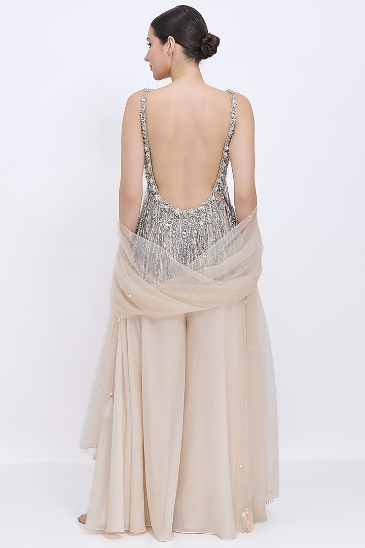 Cream Blended Chiffon Bridal Sharara Set by Dilnaz Karbhary at Pernia's Pop Up Shop