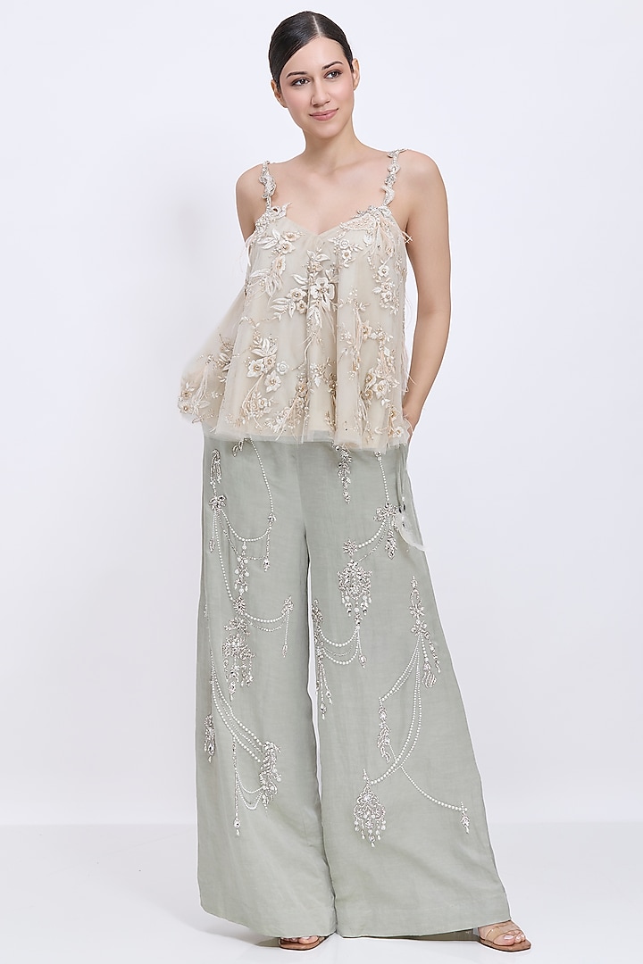Champagne Grey Net & Polyester Satin Embroidered Camisole by Dilnaz Karbhary at Pernia's Pop Up Shop
