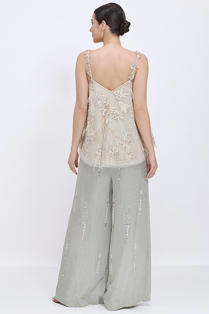 Champagne Grey Net & Polyester Satin Embroidered Camisole by Dilnaz Karbhary at Pernia's Pop Up Shop