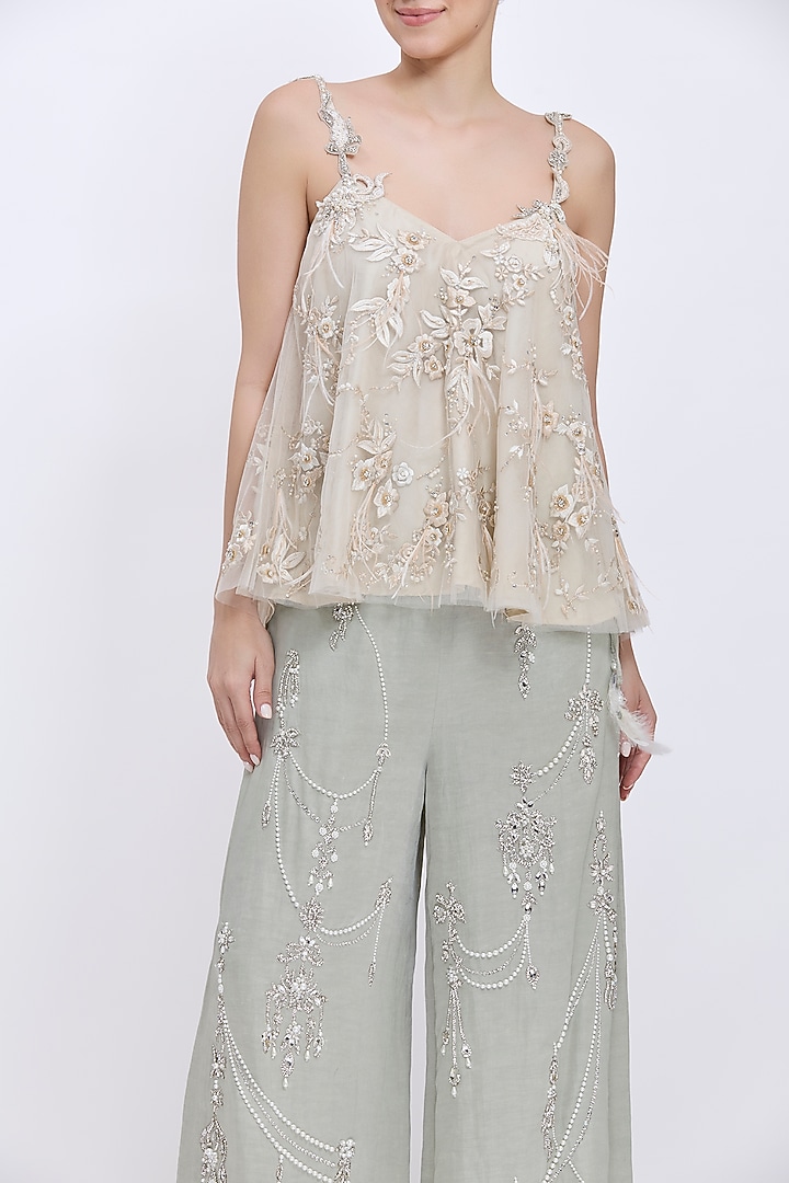 Champagne Grey Net & Polyester Satin Embroidered Camisole by Dilnaz Karbhary at Pernia's Pop Up Shop