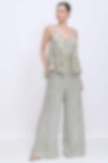 Ash Grey Net & Polyester Satin Hand & Machine Embroidered Camisole by Dilnaz Karbhary at Pernia's Pop Up Shop