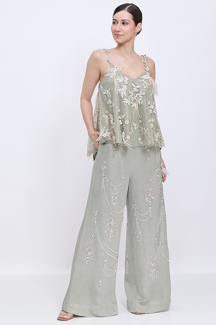 Ash Grey Net & Polyester Satin Hand & Machine Embroidered Camisole by Dilnaz Karbhary at Pernia's Pop Up Shop