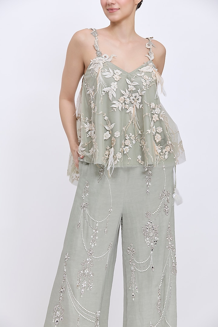 Ash Grey Net & Polyester Satin Hand & Machine Embroidered Camisole by Dilnaz Karbhary at Pernia's Pop Up Shop