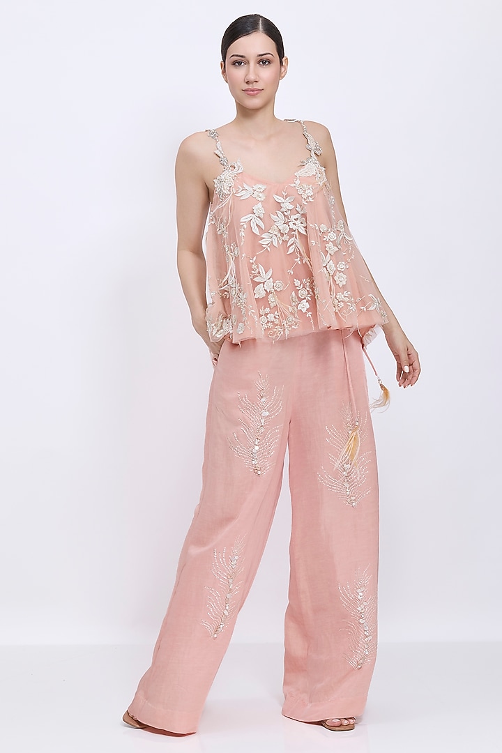 Dusty Pink Net & Polyester Satin Hand Embroidered Camisole by Dilnaz Karbhary at Pernia's Pop Up Shop
